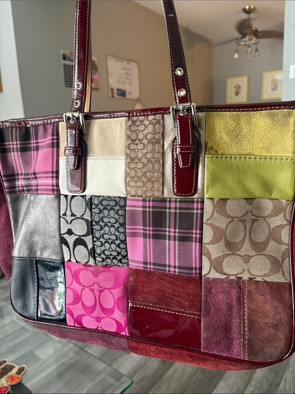 Coach Patchwork Pink Tote Bag with Burgundy Trim